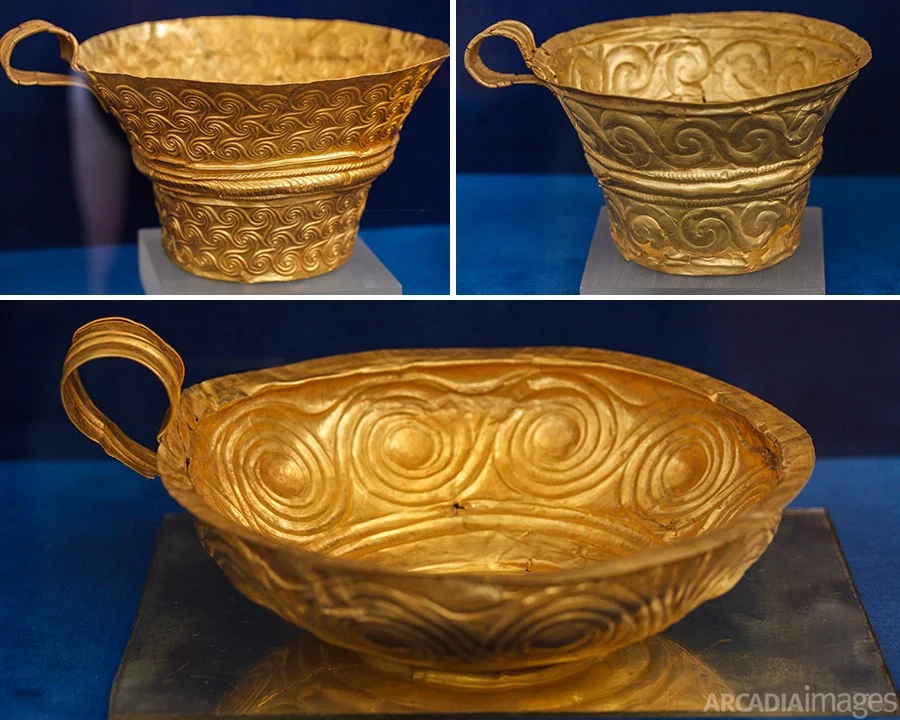 Golden cups with meander patterns, findings from Nestor's Palace. Archaeological Museum of Chora, Messenia