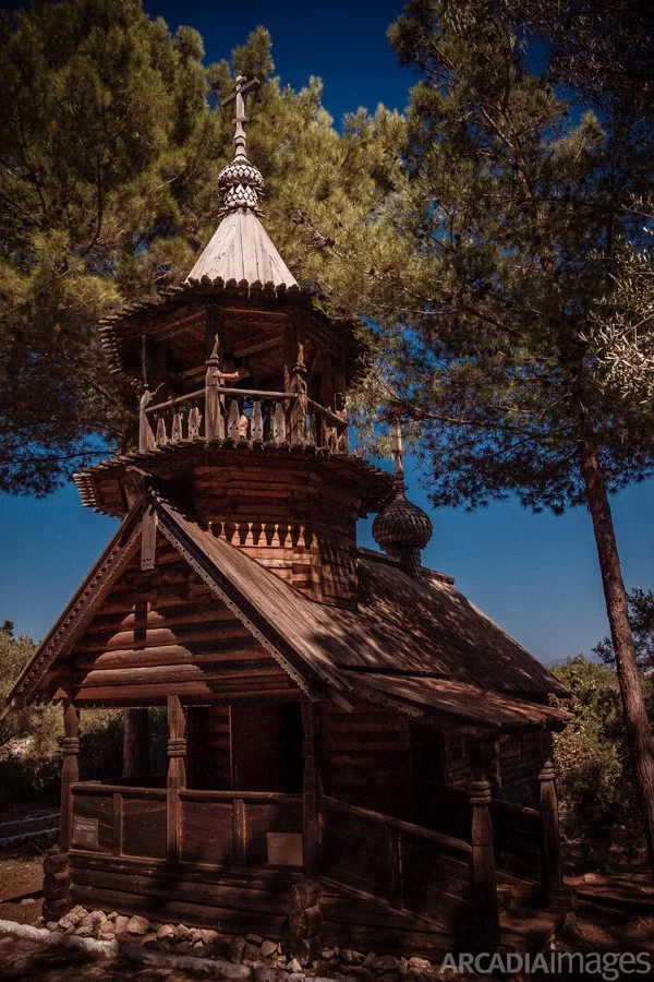 The wooden church of Aghios Nikolaos (Saint Nicholas) built in 1897 is a monument to the Russian fallen soldiers at the Battle of Navarino. Sphacteria island, Navarino Bay, Messenia