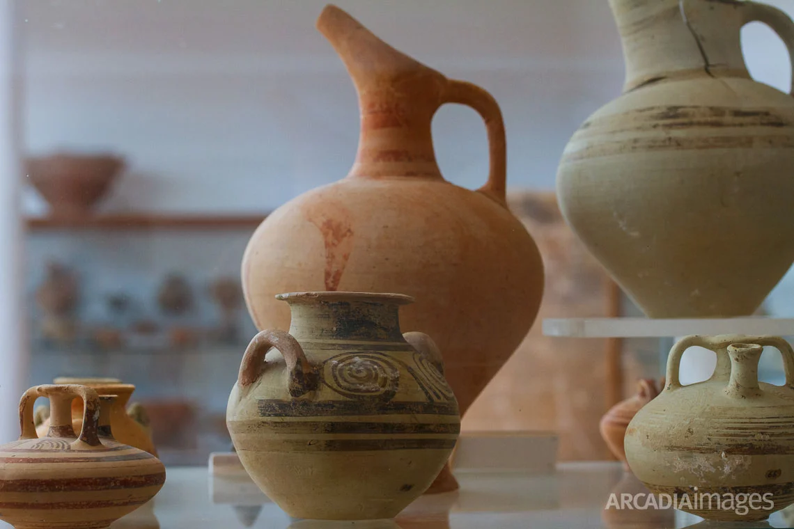 Clay containers of different sizes and shapes, findings from Nestor's Palace. Archaeological Museum of Chora, Messenia