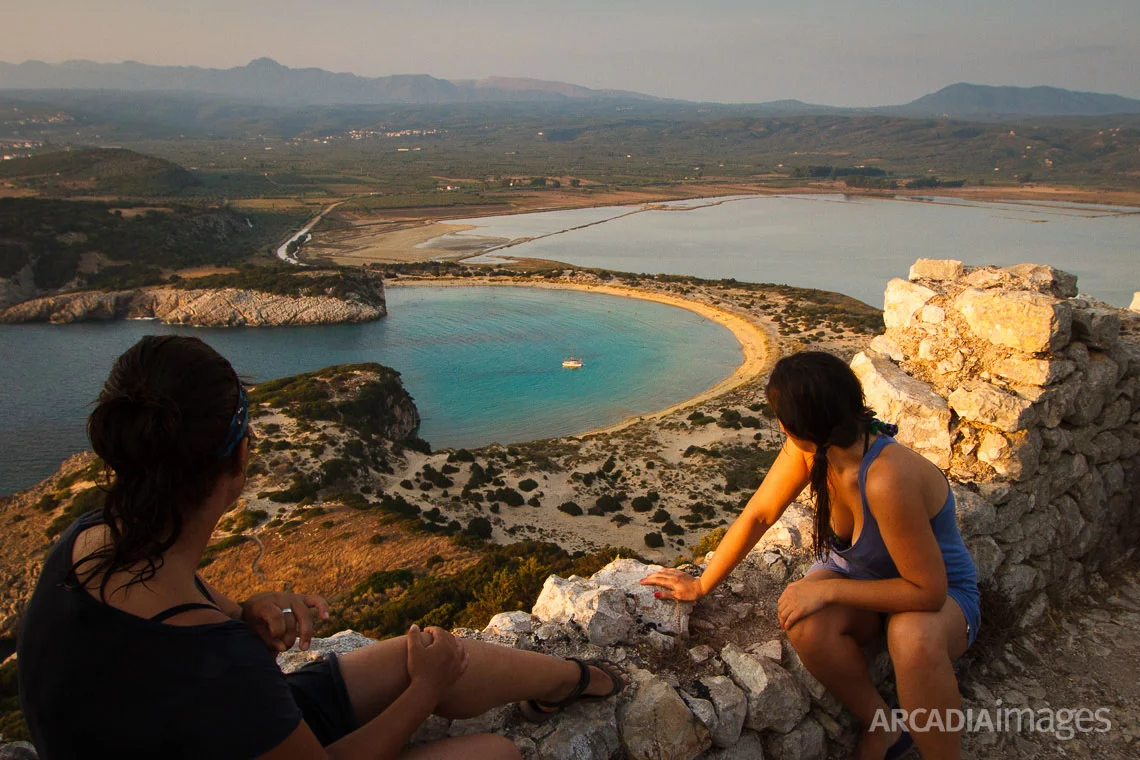 The stunning view from Paleokastro Castle to Voidokilia beach. Gialova, Messenia, Peloponnese