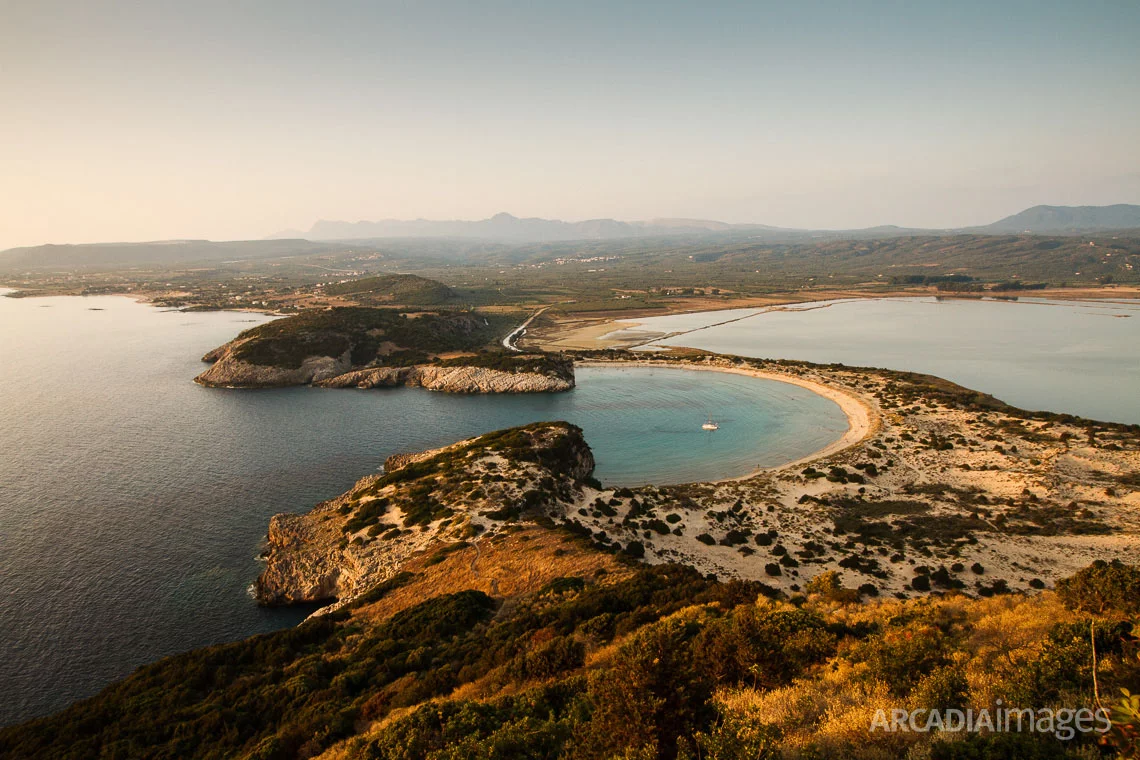 The stunning view from Paleokastro Castle to Voidokilia beach. Gialova, Messenia, Peloponnese