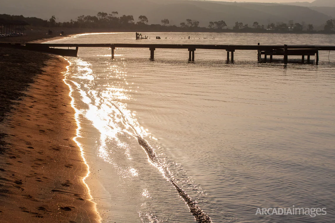 Gialova beach with its golden sand. Navarino Bay, Messenia, Peloponnese