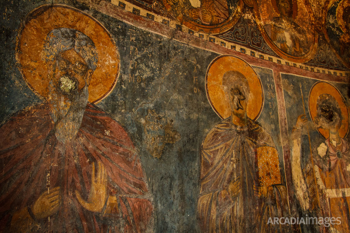 Vandalized frescos in Aghios Georgios (Saint George) church, 13th AD inside the ruins of the old monastery at Cape Malea, Laconia, Peloponnese