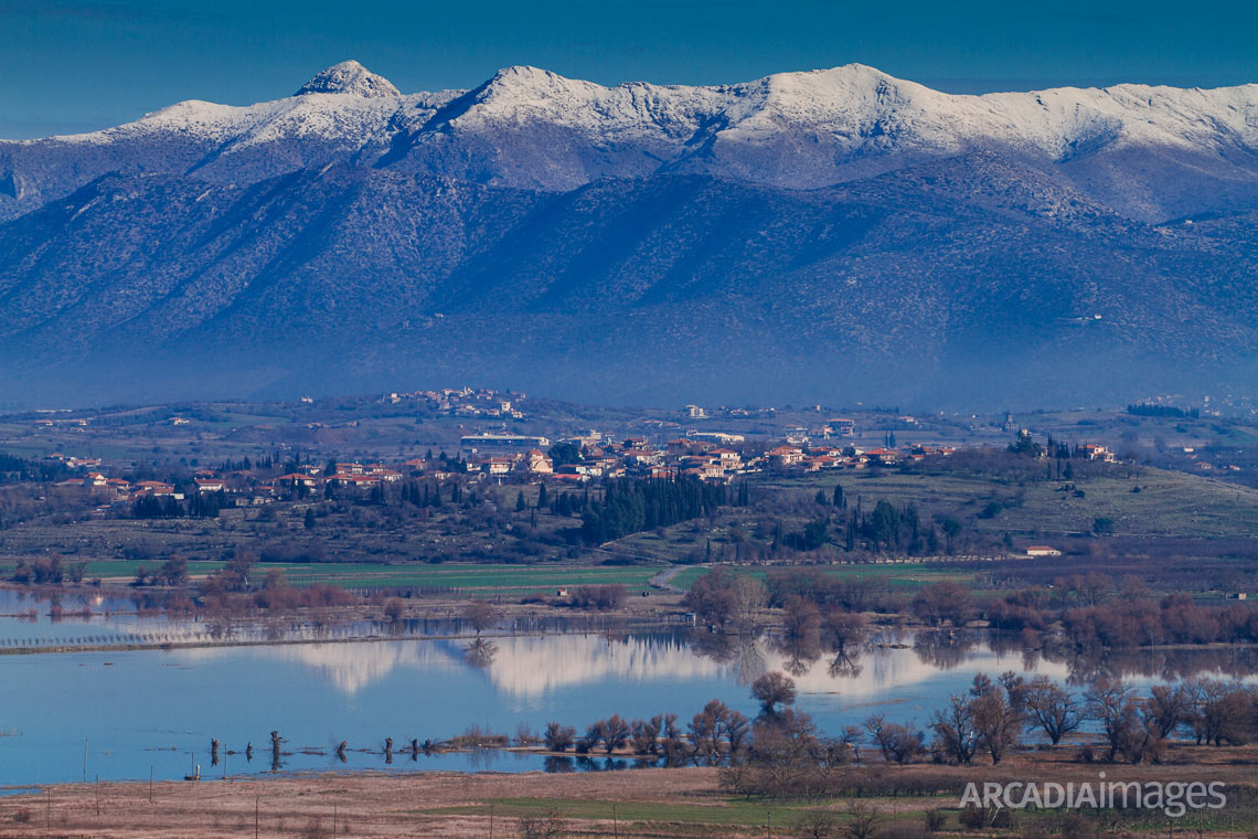 Vouno village over Taka lake. Tegea, Arcadia, Peloponnese, Greece